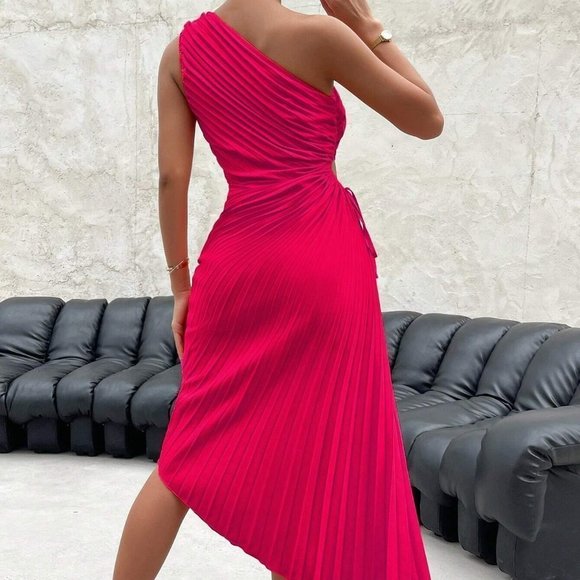 Pleated One Shoulder Cutout Asymmetrical Maxi Dress Pink - Picture 2 of 5